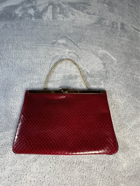 Handbags - Vintage Red Faux Snakeskin Embossed Evening Clutch Gold Chain Frame Bag